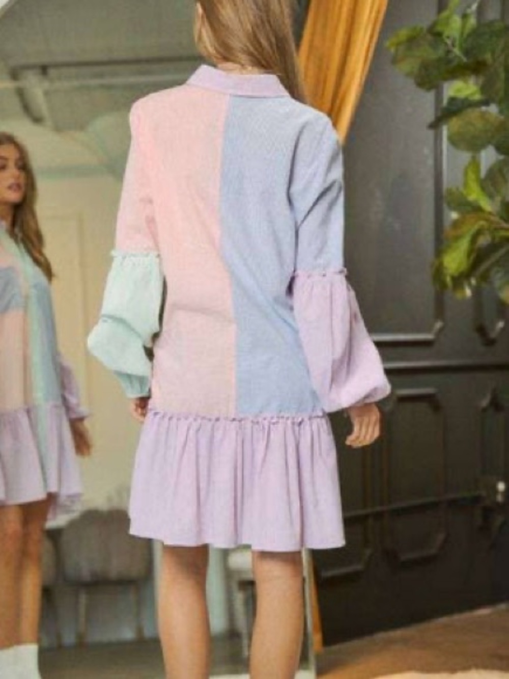 Davi and Dani Large Pastel Colorblock Button-Down Babydoll Dress - Picture 5 of 9